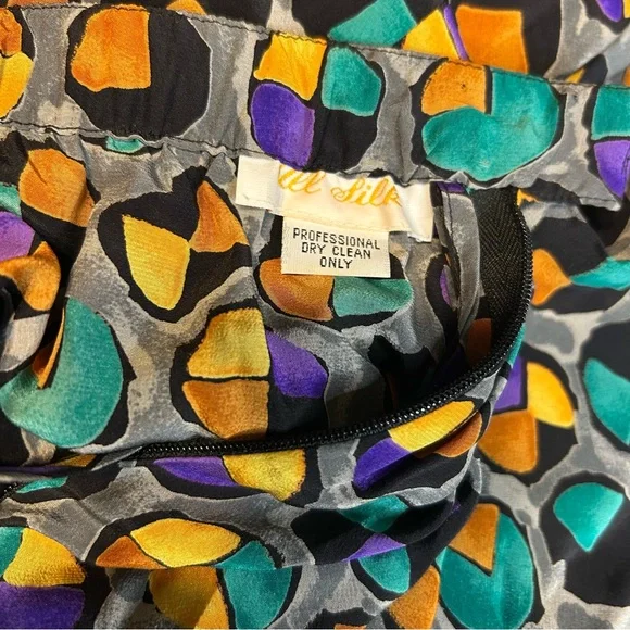 Vintage Adolfo Saks Fifth Avenue Pleated Silk Skirt Grey Gold Teal Dots Small - Picture 8 of 10